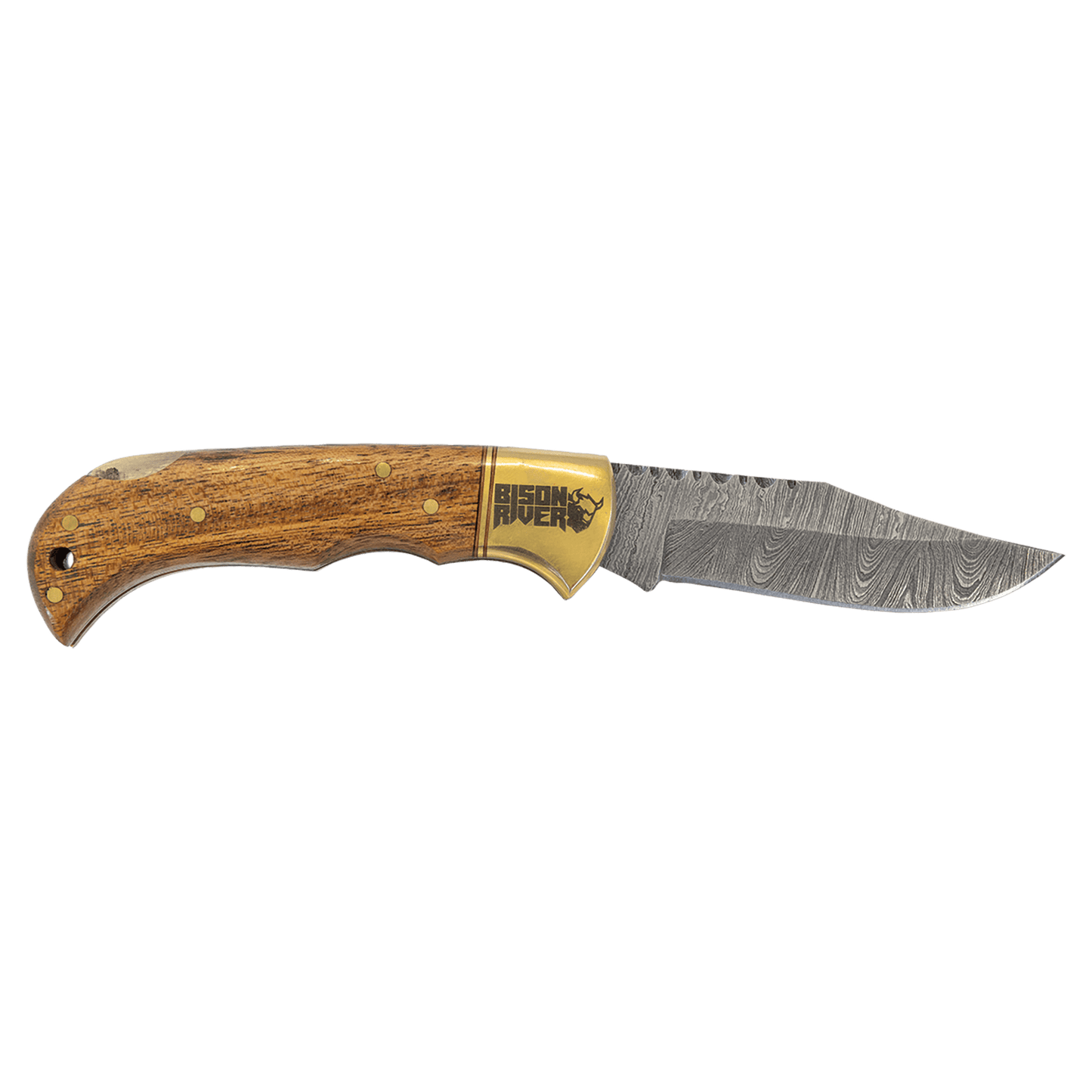 Damascus steel knife with Acadia wood handle, side logo on blade