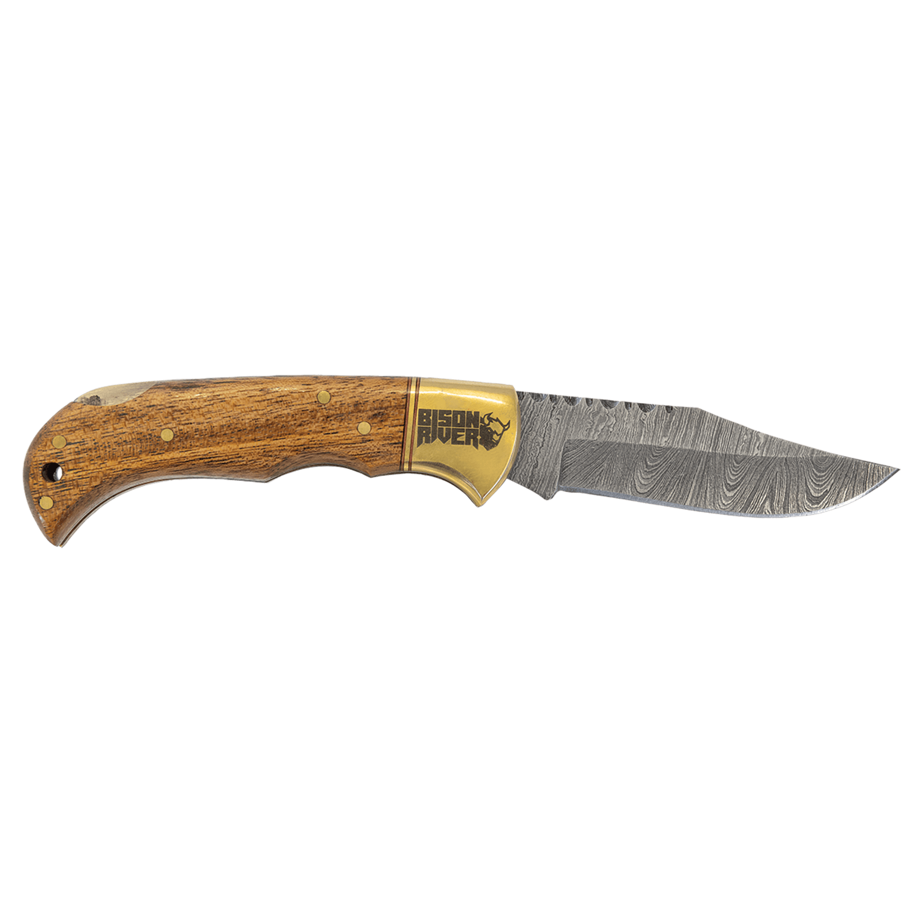 Damascus steel knife with Acadia wood handle, side logo on blade