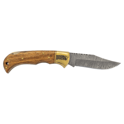 Damascus steel knife with Acadia wood handle, side logo on blade