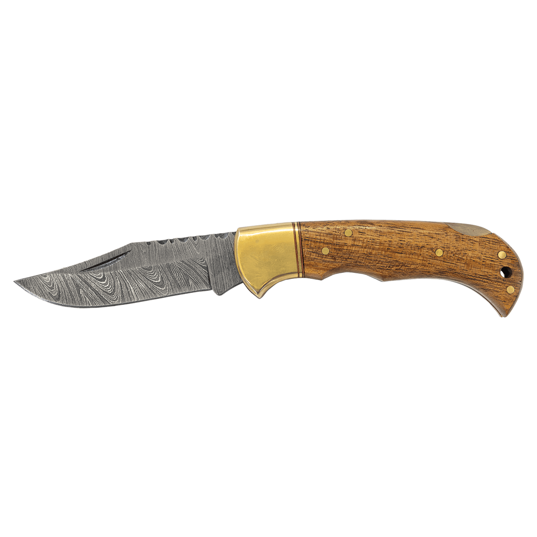 Damascus steel knife with Acadia wood handle and brass-colored guard