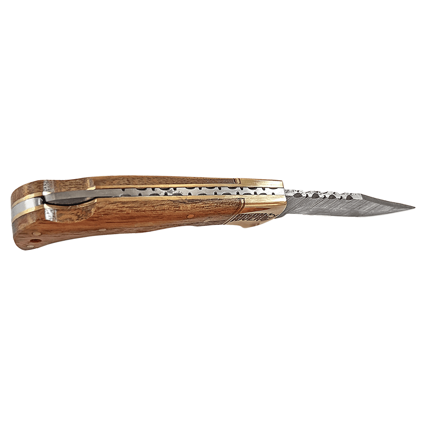 Damascus steel knife with Acadia wood handle, side view