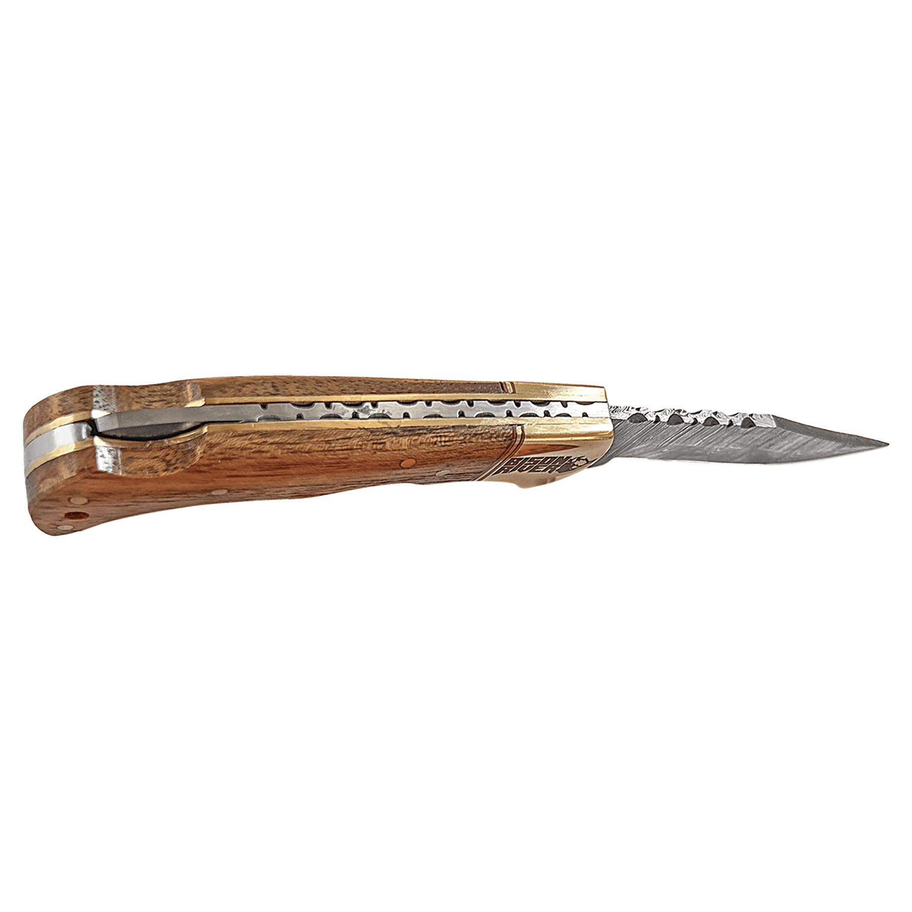 Damascus steel knife with Acadia wood handle, side view
