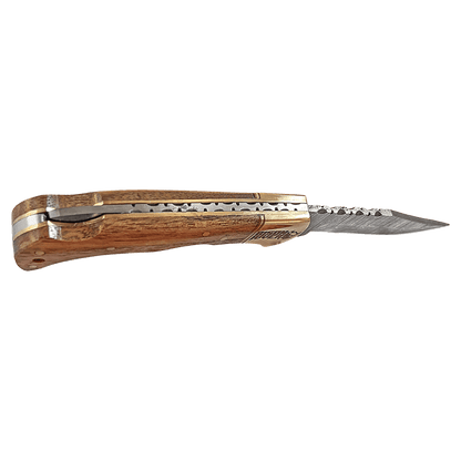 Damascus steel knife with Acadia wood handle, side view