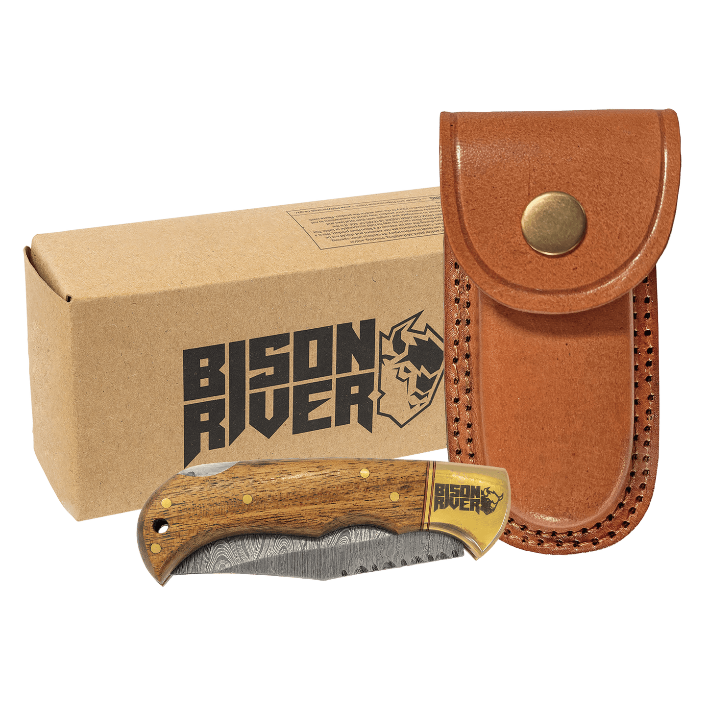 Damascus steel pocket knife with Acadia wood handle and brown leather sheath