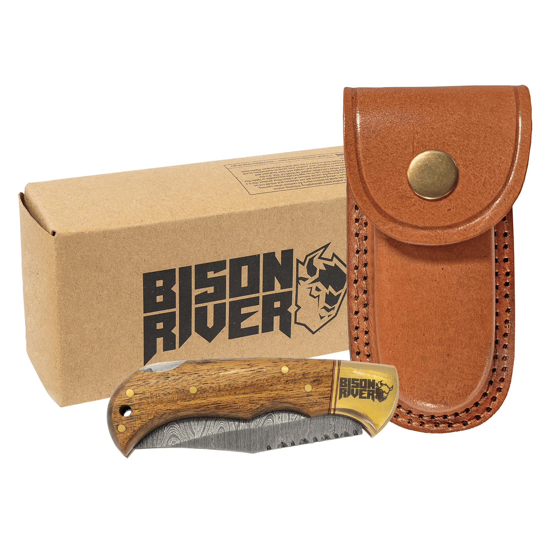 Damascus steel pocket knife with Acadia wood handle and brown leather sheath