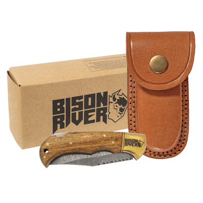 Damascus steel pocket knife with Acadia wood handle and brown leather sheath