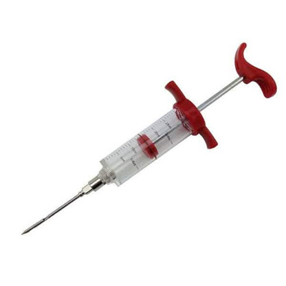 BBQ meat marinade injector syringe with red handles and clear measurement barrel