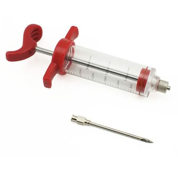 BBQ marinade injector syringe with red grips, clear barrel, and spare needle