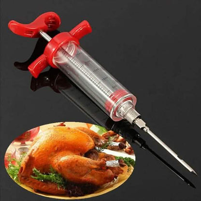 Marinade injector syringe with red handles, clear barrel, dual needle tips