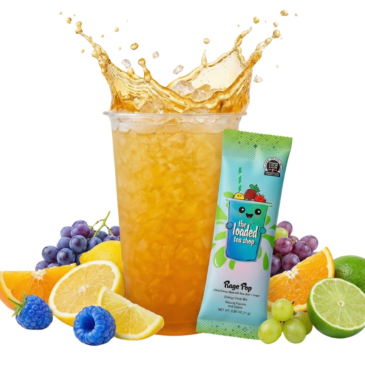 Loaded tea cup with orange-yellow drink and The Loaded Tea Shop stick packet