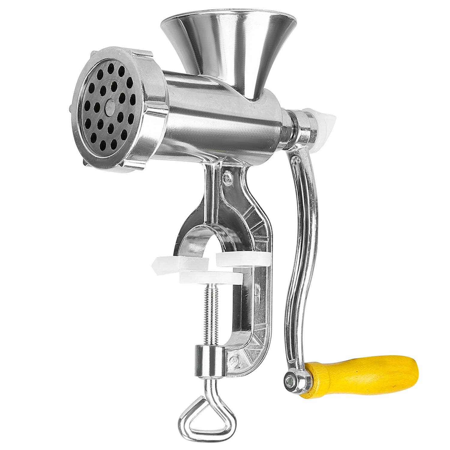 Stainless manual meat grinder with perforated plate and yellow hand crank handle