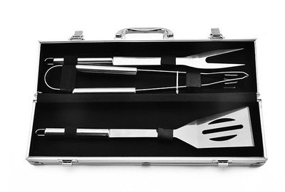 BBQ grill tool set in open aluminum case with long stainless grilling utensils