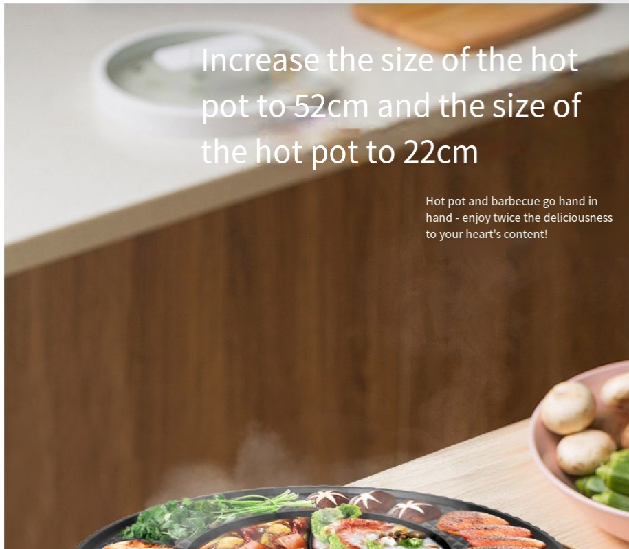 Electric BBQ and hot pot cooker top section, black rim with divided heating area