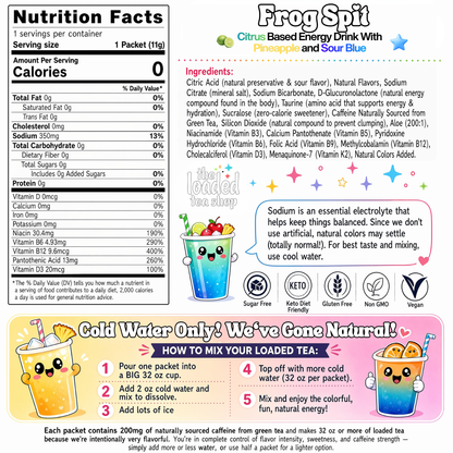 Frog Spit loaded tea nutrition facts panel and packet front artwork