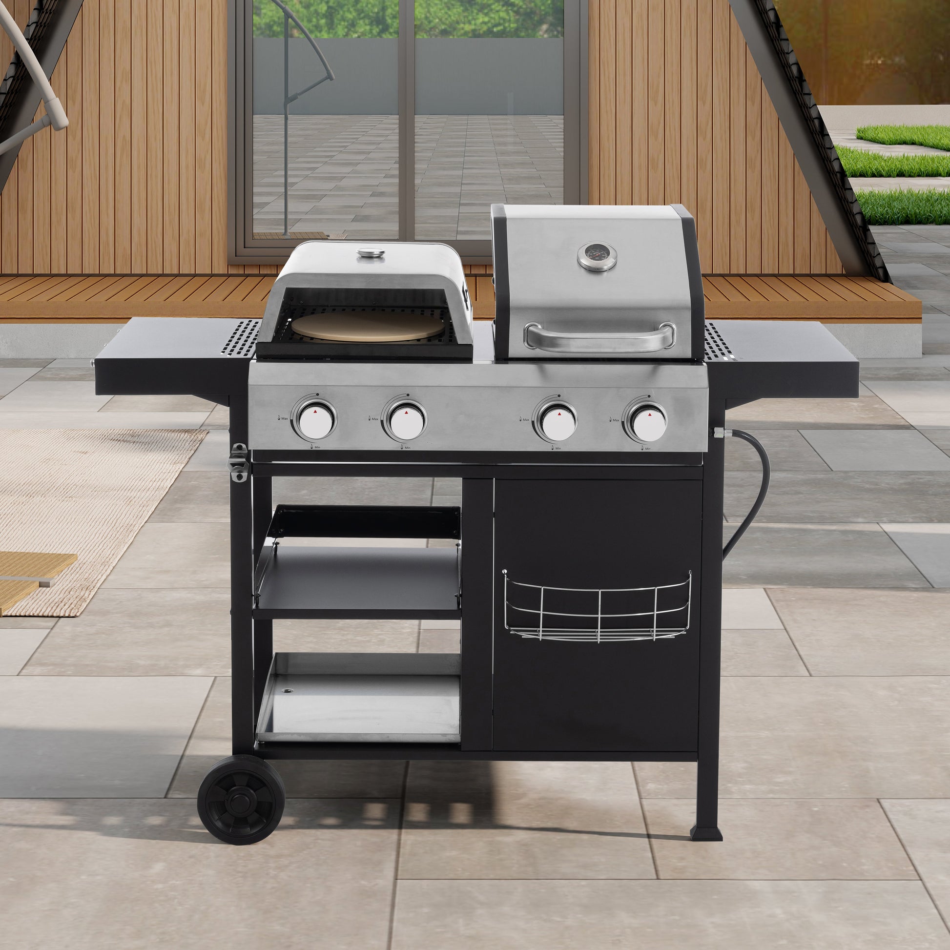 Black gas grill with stainless lid, four control knobs, side shelf and storage cabinet