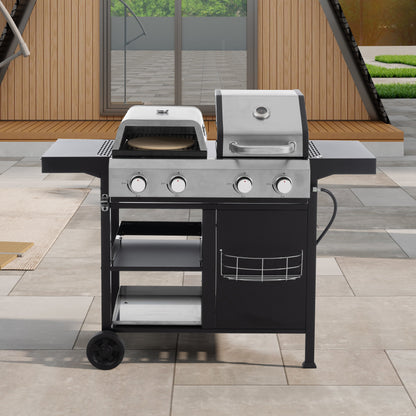 Black gas grill with stainless lid, four control knobs, side shelf and storage cabinet
