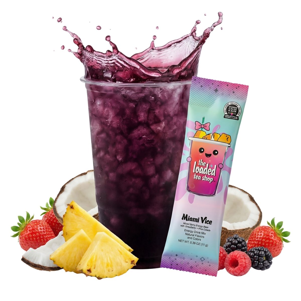 Loaded tea stick packet with purple iced tea splash and fruit around the cup