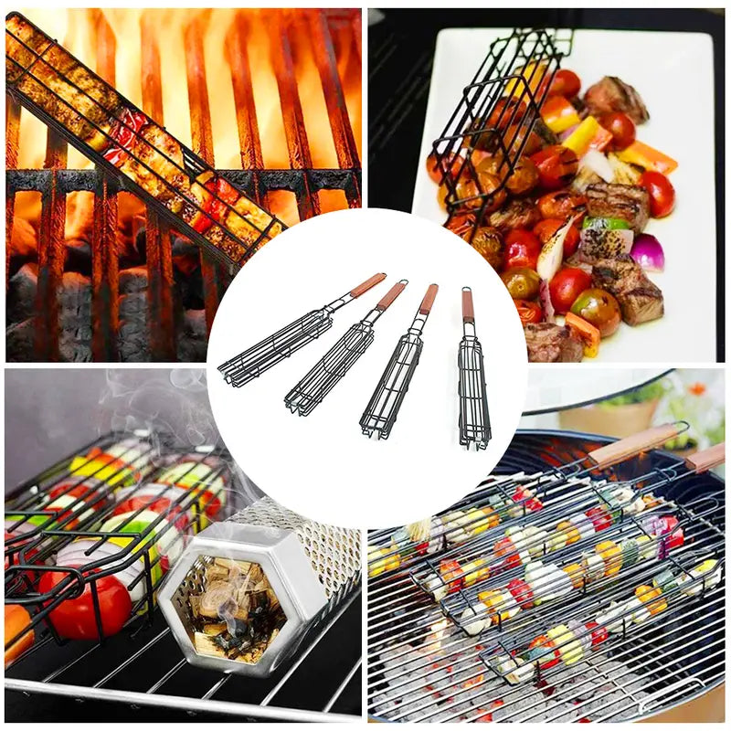 Wire grilling basket on grill grate holding skewered vegetables, with wooden handle