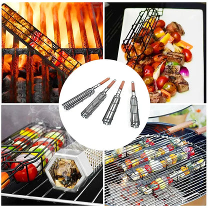 Wire grilling basket on grill grate holding skewered vegetables, with wooden handle