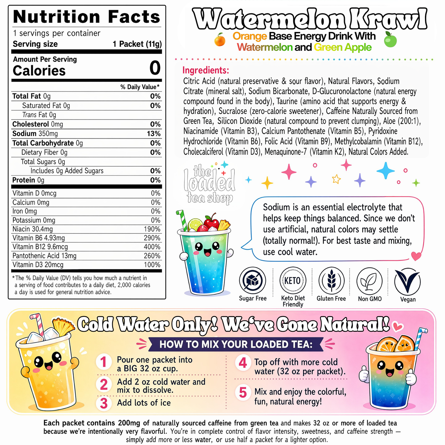 Nutrition facts label for watermelon krawl tea stick pack with ingredient and mixing info