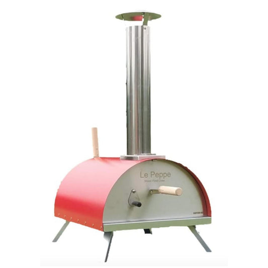 Portable wood-fired pizza oven, red and gray with chimney stack and legs