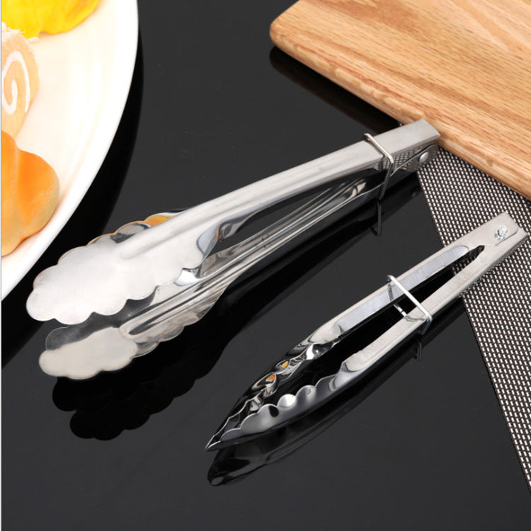 Stainless steel BBQ steak tongs with scalloped pinch jaws and locking handle