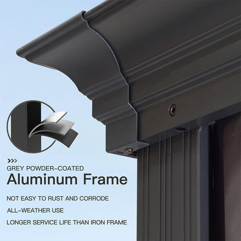 Hardtop gazebo aluminum frame joint with dark gray coated finish and mounting holes