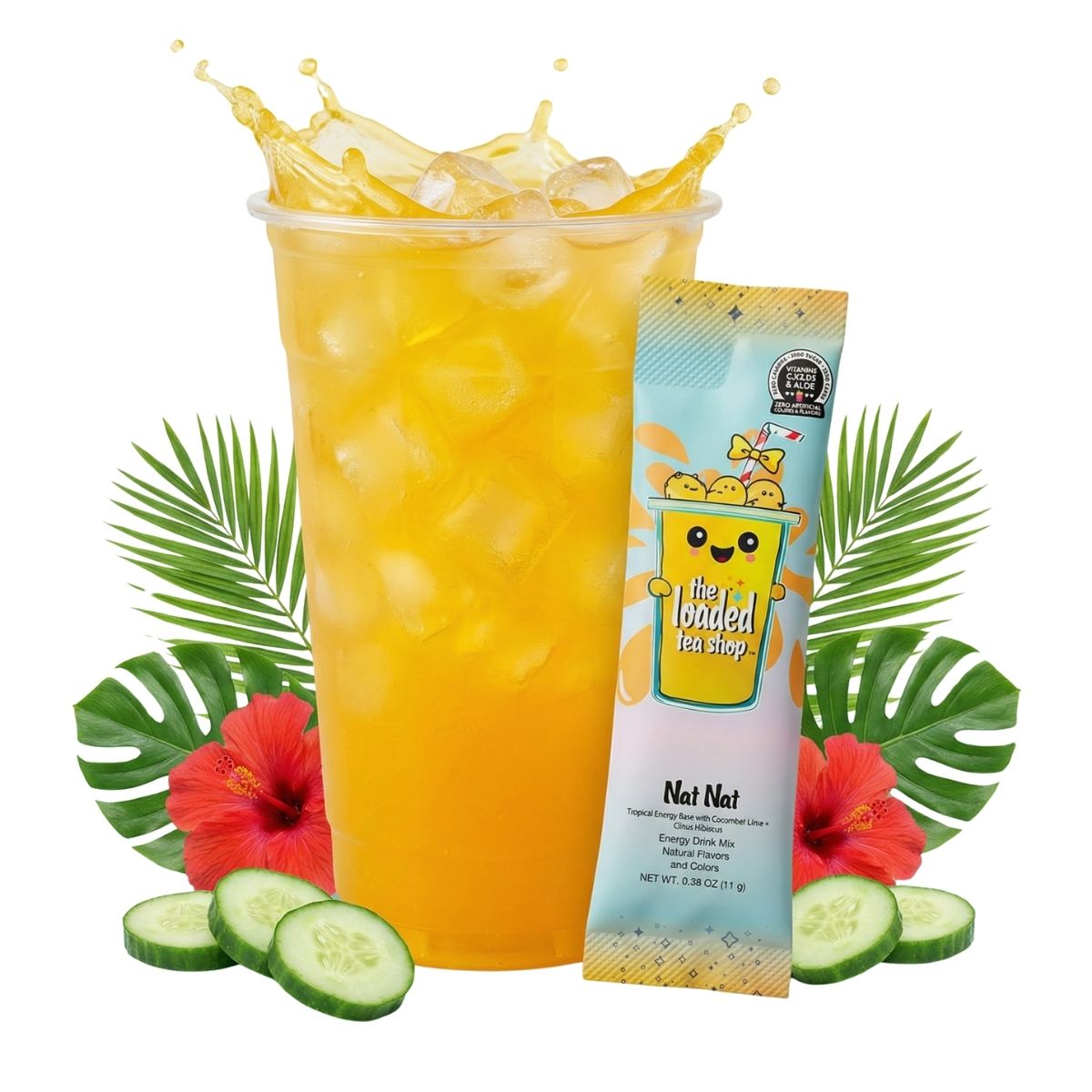Nat Nat loaded tea cup with citrus hibiscus cucumber lime packet and fruit garnish