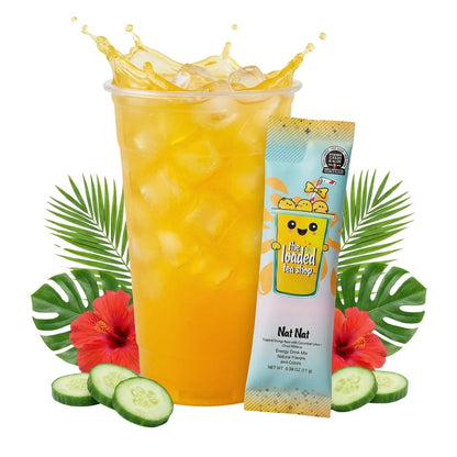 Nat Nat loaded tea cup with citrus hibiscus cucumber lime packet and fruit garnish