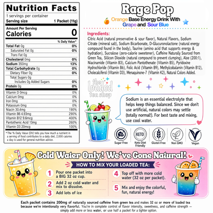 Rage Pop energy drink packet nutrition facts panel with ingredient list