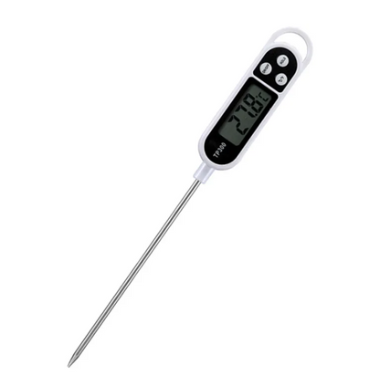 Black and white digital BBQ thermometer with LCD display and long metal probe