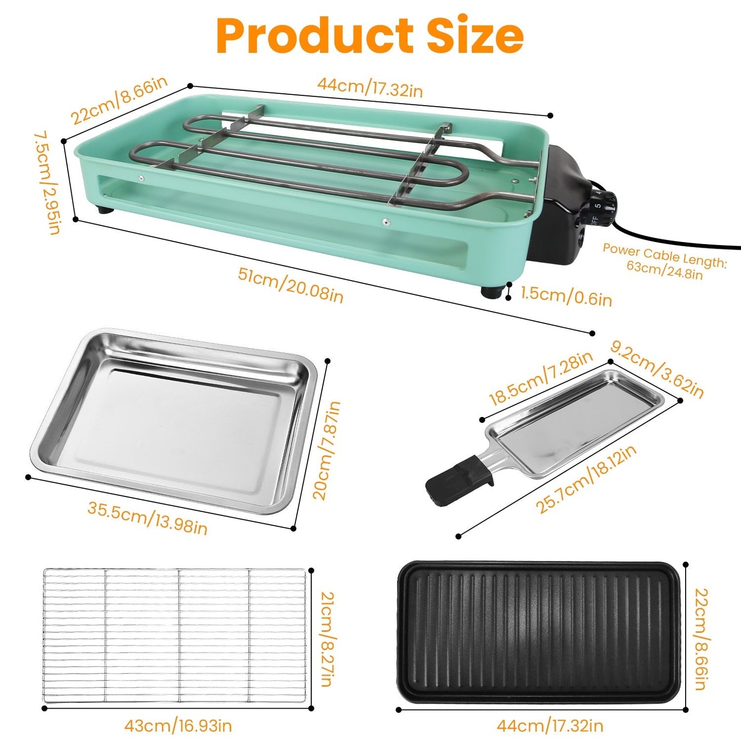 LJG 2000W 2-in-1 Electric Indoor Grill – Grill Net & Removable Plate, 5 Temp Settings