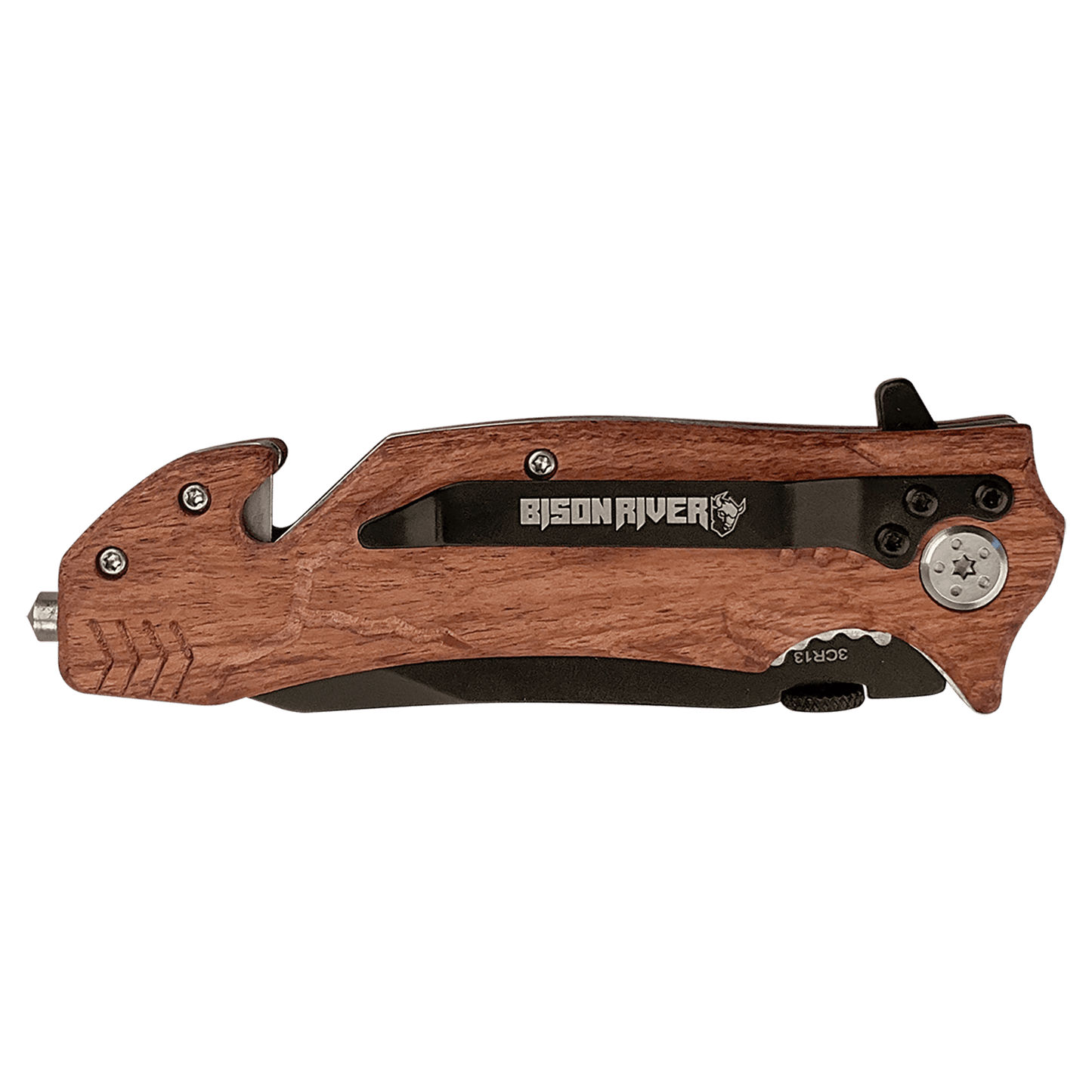 Wood-handled rescue knife with black blade and star bit near pivot