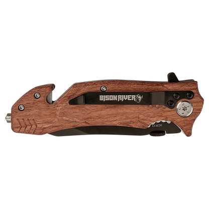 Wood-handled rescue knife with black blade and star bit near pivot