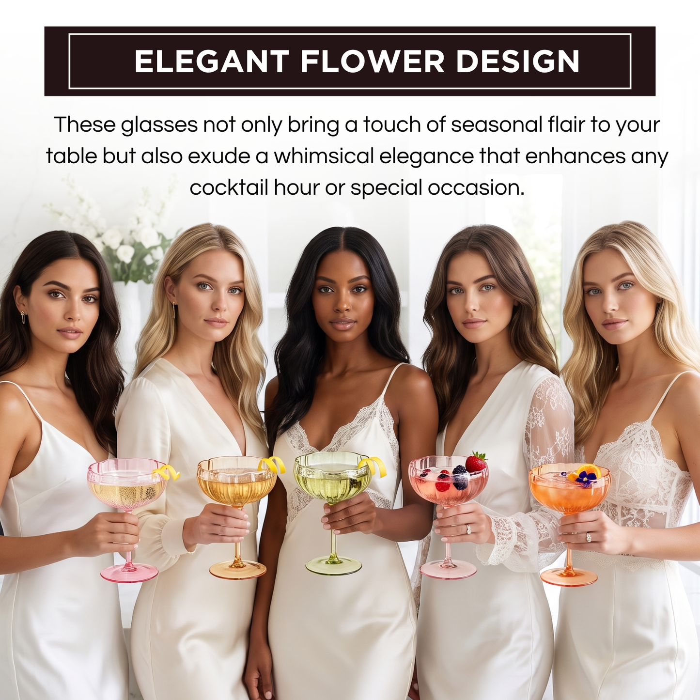 Set of flower coupe cocktail glasses held by women, assorted bright pink, gold, and orange colors