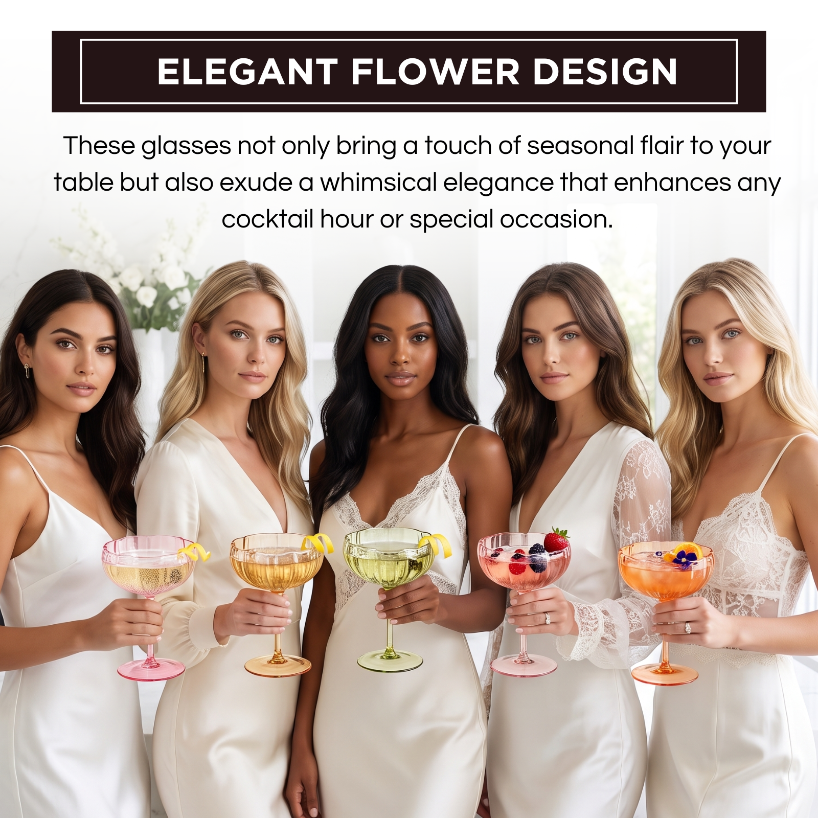 Set of flower coupe cocktail glasses held by women, assorted bright pink, gold, and orange colors