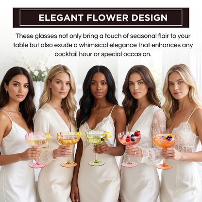 Set of flower coupe cocktail glasses held by women, assorted bright pink, gold, and orange colors