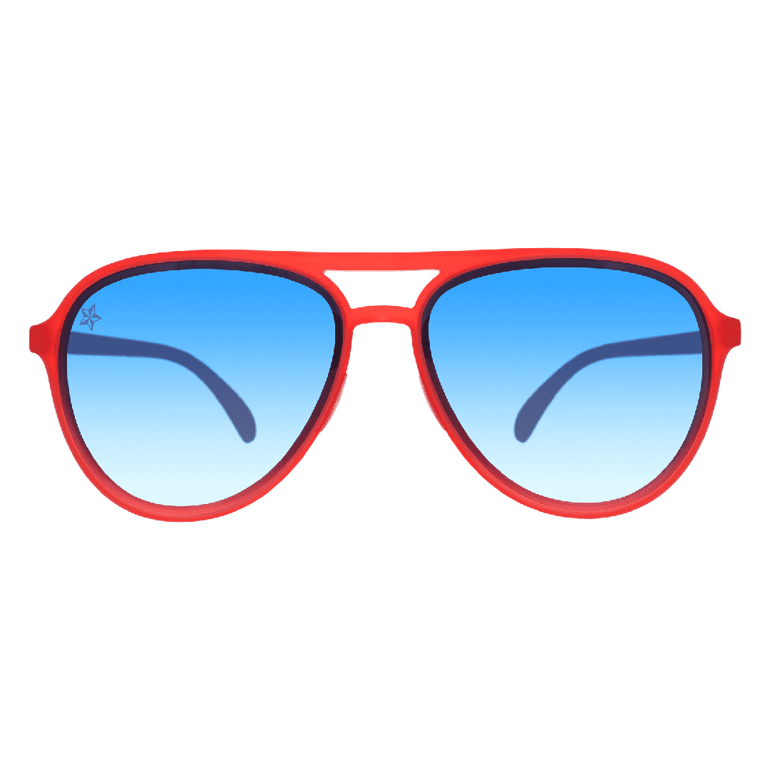 Red aviator sunglasses with blue mirrored lenses, front close-up.