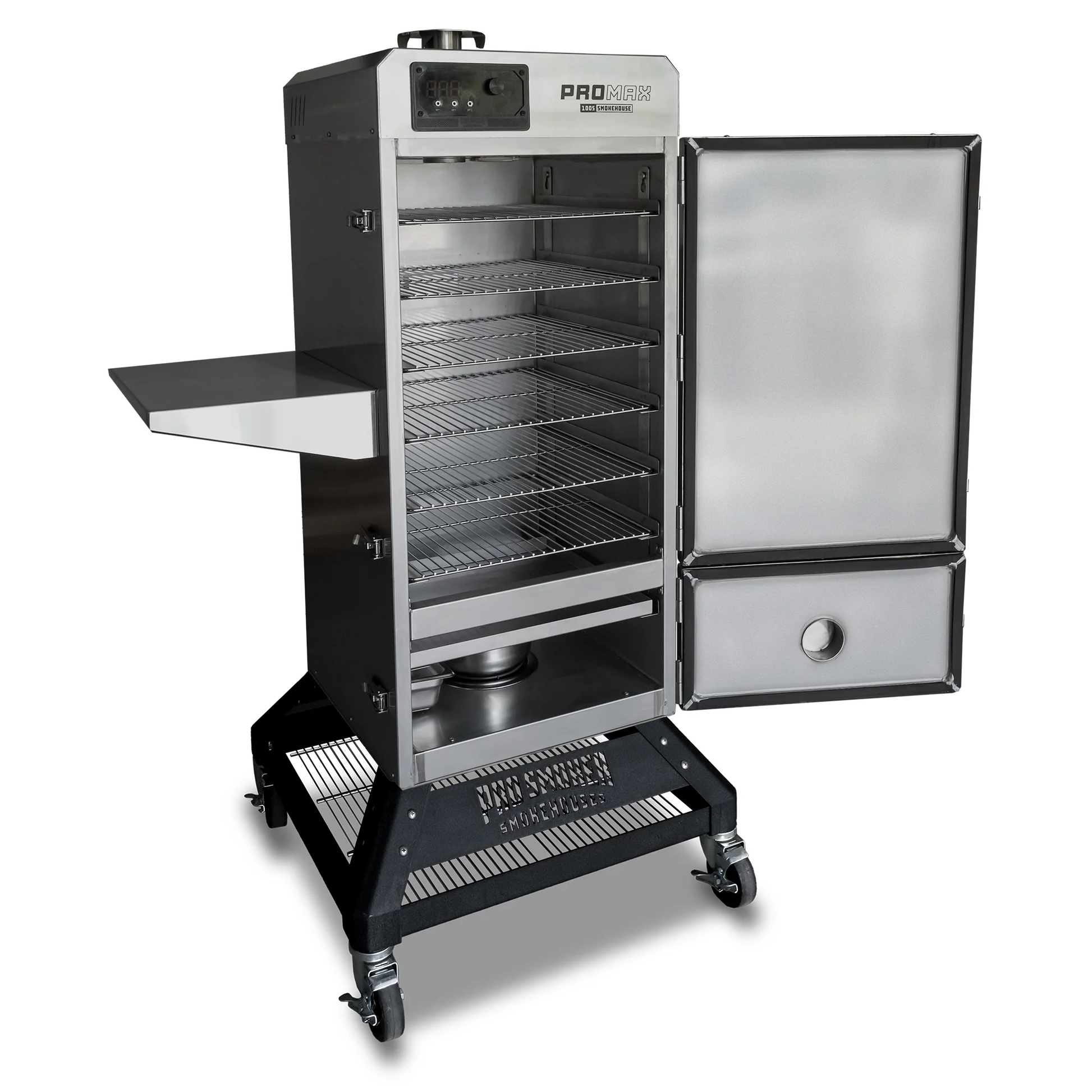 Pro Max 100 S electric smoker with open door, interior racks and lower drip tray