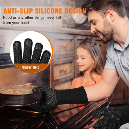 Black silicone BBQ oven mitt with textured grip palm and extended cuff