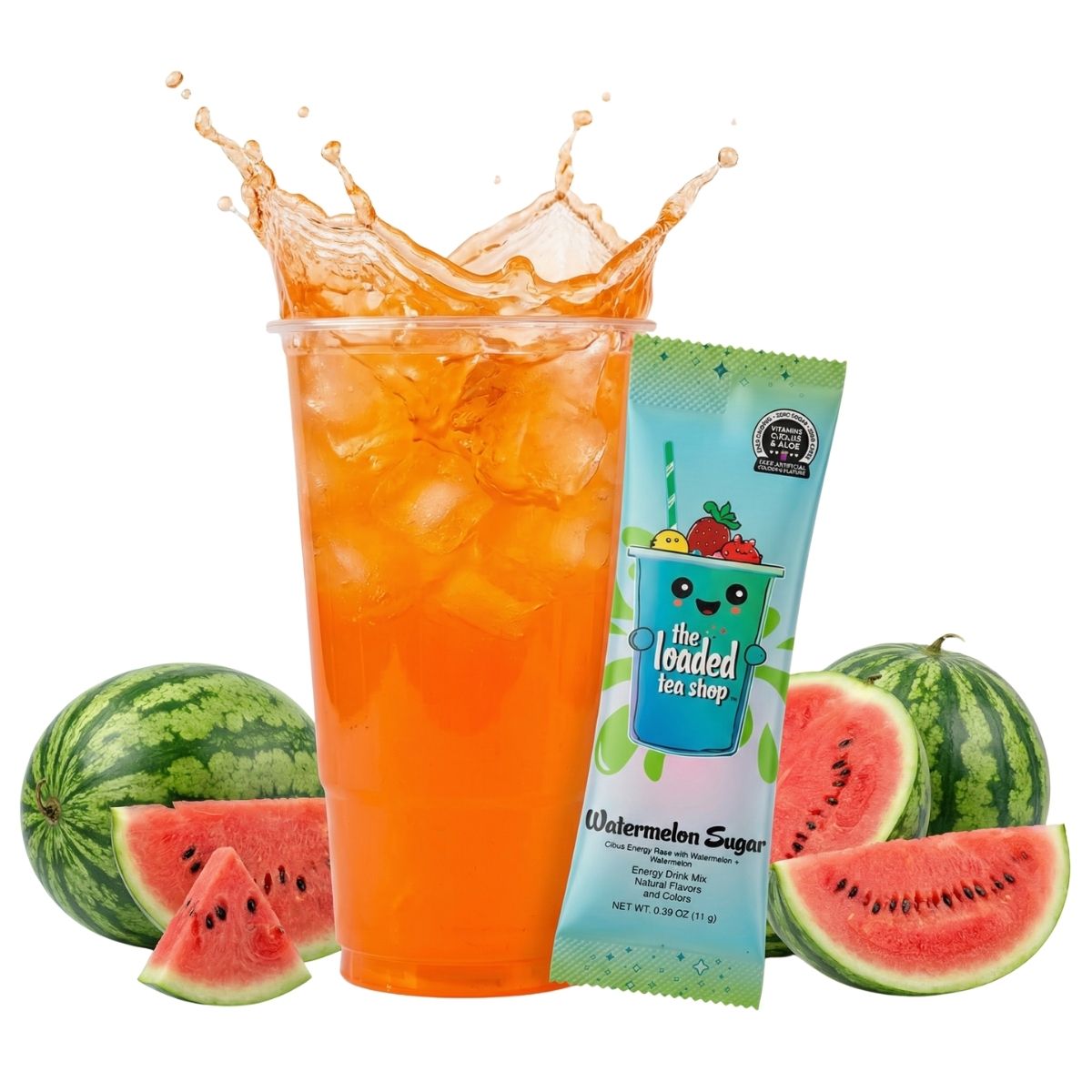 Loaded tea energy drink in a clear cup with a watermelon sugar stick packet