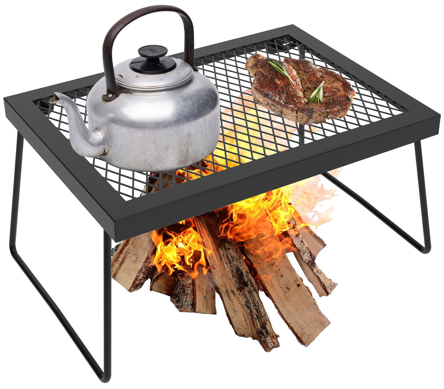 Foldable grill grate stand with black wire cooking grid, kettle and open-flame logs