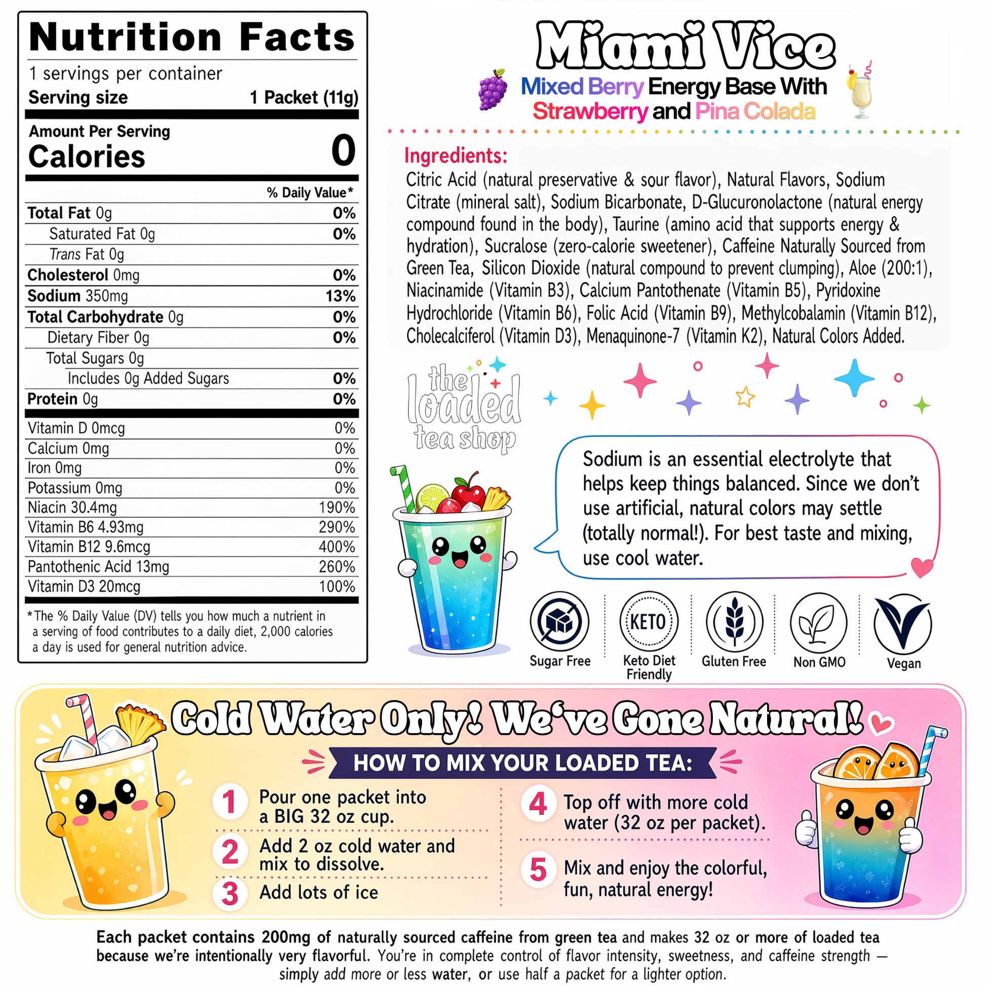 Miami Vice energy tea packet nutrition facts panel with ingredients text and icons
