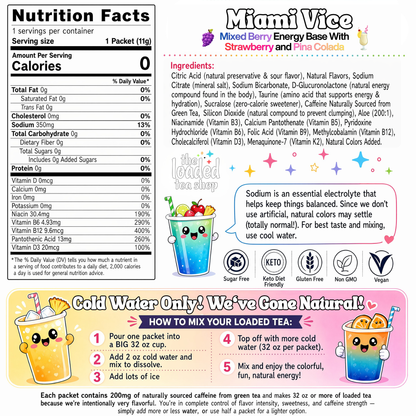 Miami Vice energy tea packet nutrition facts panel with ingredients text and icons