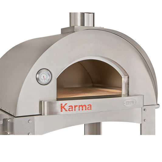 Wood-fired pizza oven with arched door, thermometer gauge, and stainless chimney stack
