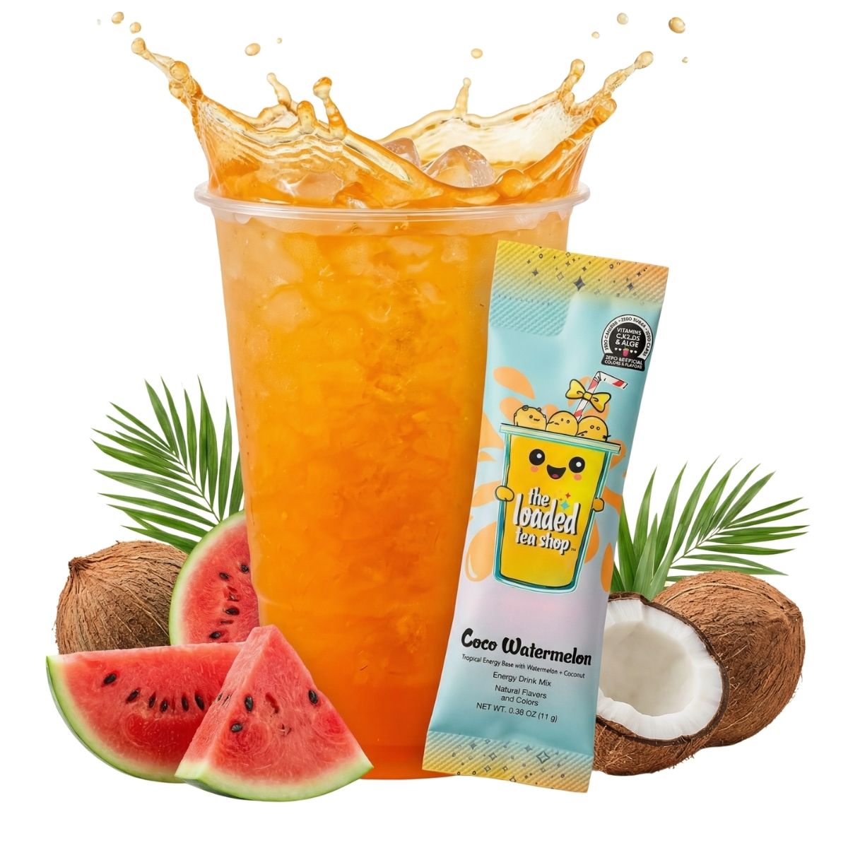 Loaded tea drink cup with orange liquid and a Coco Watermelon tea packet next to it
