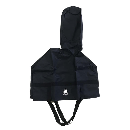 Hooded protective cover in dark fabric with front logo and drawstring hem