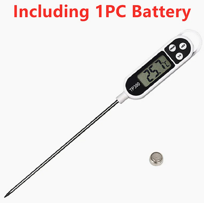 Black and white digital thermometer with long probe and included coin battery