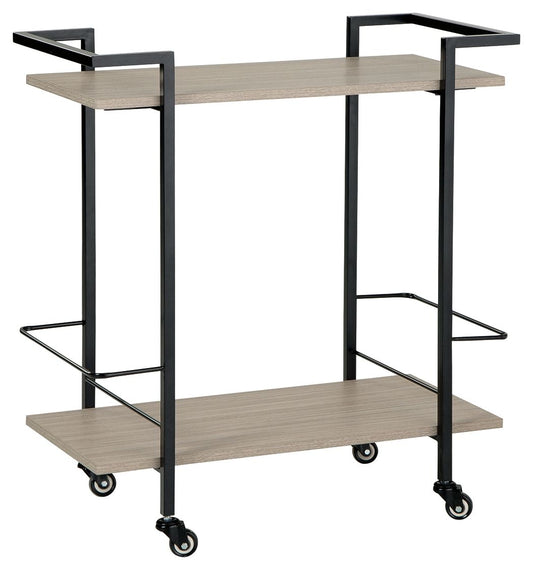 Bar cart with light wood top, dark metal frame, two open shelves, caster wheels