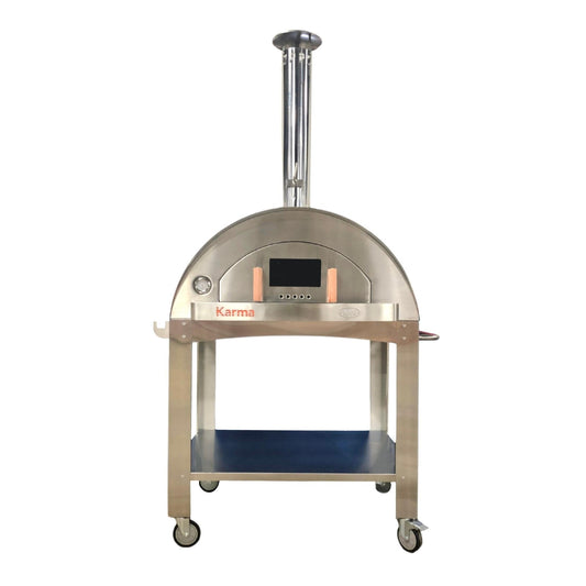 Wood-fired outdoor pizza oven with stainless chimney, side shelf, and wheels